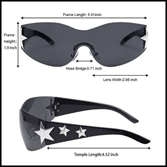 Y2K Rimless Wrap Around Sunglasses Star Pattern Futuristic Shield Shades main image 6